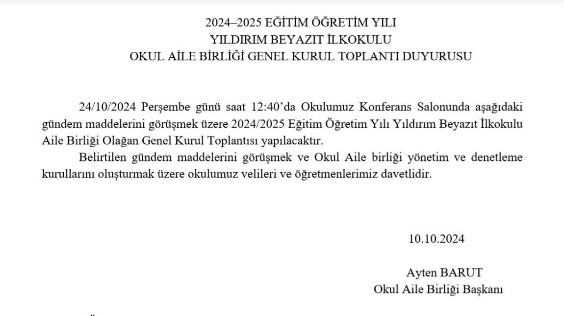 Okul Aile Birliği Genel Kurul Toplantısı